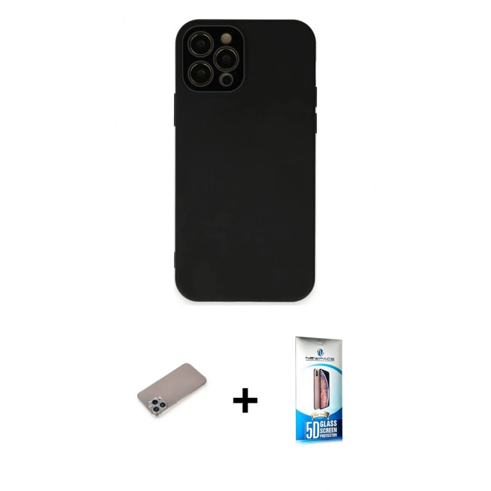 ieg™ iPhone 12 Pro Max Kılıf Çekirdek Modern Serisi - Siyah 5D Eko Cam Ekran Koruyucu + Sierra Blue Shine Kamera Lens Koruma Cam