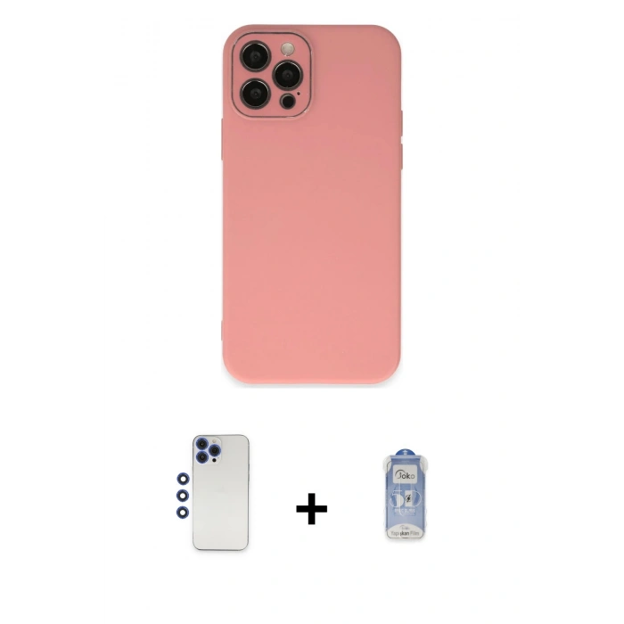 ieg™ iPhone 12 Pro Max Kılıf Çekirdek Modern Serisi - Siyah Joko Magic 5D Cam + Lacivert Shine Kamera Lens