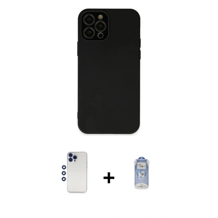 ieg™ iPhone 12 Pro Max Kılıf Çekirdek Modern Serisi - Siyah Joko Magic 5D Cam + Lacivert Shine Kamera Lens