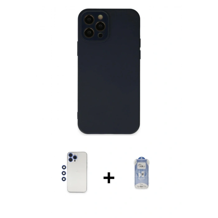 ieg™ iPhone 12 Pro Max Kılıf Çekirdek Modern Serisi - Siyah Joko Magic 5D Cam + Lacivert Shine Kamera Lens
