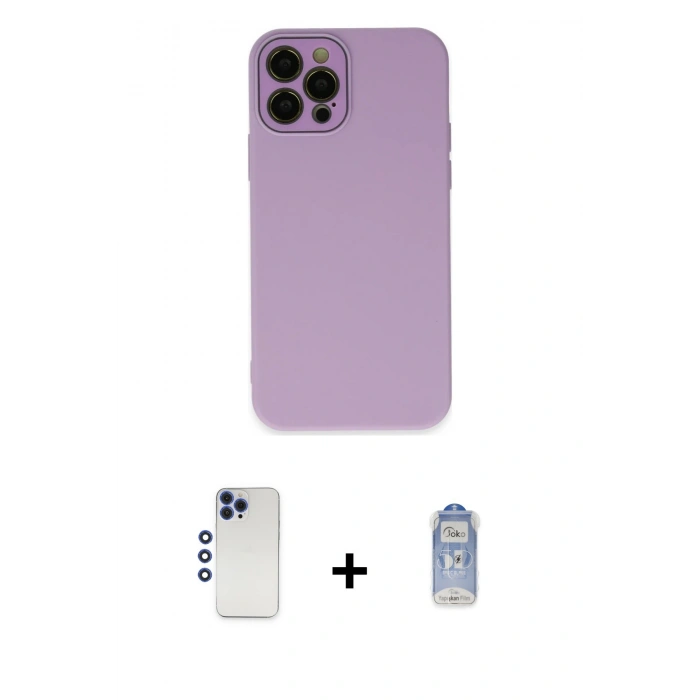 ieg™ iPhone 12 Pro Max Kılıf Çekirdek Modern Serisi - Siyah Joko Magic 5D Cam + Lacivert Shine Kamera Lens