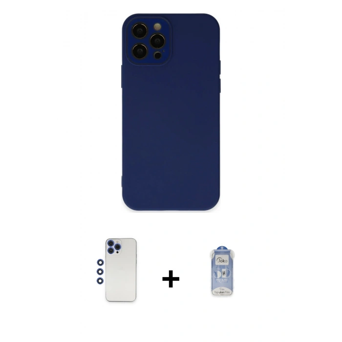 ieg™ iPhone 12 Pro Max Kılıf Çekirdek Modern Serisi - Siyah Joko Magic 5D Cam + Lacivert Shine Kamera Lens