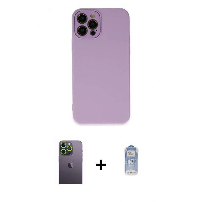 ieg™ iPhone 12 Pro Max Kılıf Çekirdek Modern Serisi - Siyah Joko Magic 5D Cam + Yeşil Neon Fosforlu Kamera Lens