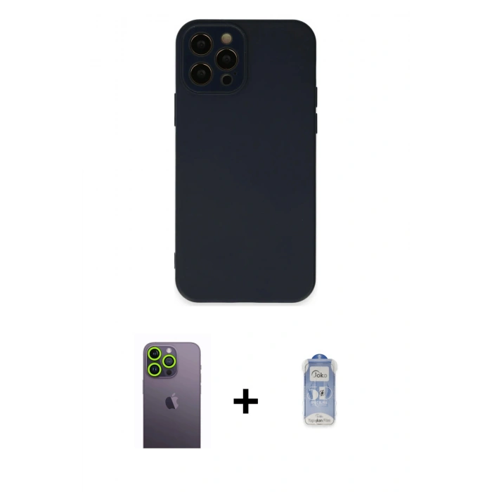ieg™ iPhone 12 Pro Max Kılıf Çekirdek Modern Serisi - Siyah Joko Magic 5D Cam + Yeşil Neon Fosforlu Kamera Lens