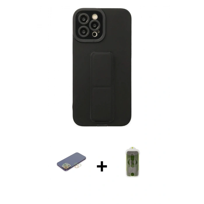 ieg™ iPhone 12 Pro Max Kılıf Çekirdek Yansıma - Siyah Joko Magic 5D Hayalet Cam + Sarı Renkli Kamera Lens Koruma Cam