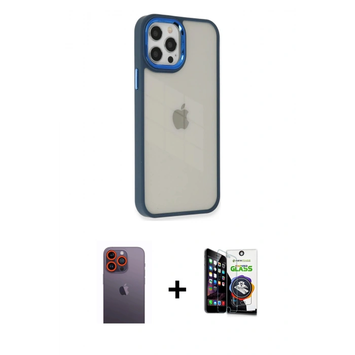 ieg™ iPhone 12 Pro Max Kılıf Eksen Doku Prime - Şeffaf Temperli Cam Ekran Koruyucu + Turuncu Neon Fosforlu Kamera Lens