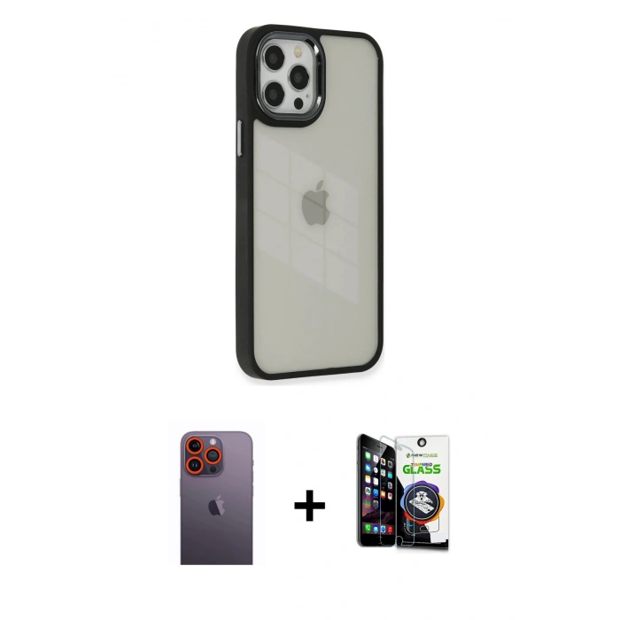 ieg™ iPhone 12 Pro Max Kılıf Eksen Doku Prime - Şeffaf Temperli Cam Ekran Koruyucu + Turuncu Neon Fosforlu Kamera Lens