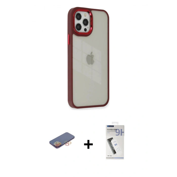 ieg™ iPhone 12 Pro Max Kılıf Eksen Doku Prime - Şeffaf Uv Polymer Nano Ekran Koruyucu + Turuncu Renkli Kamera Lens Koruma Cam