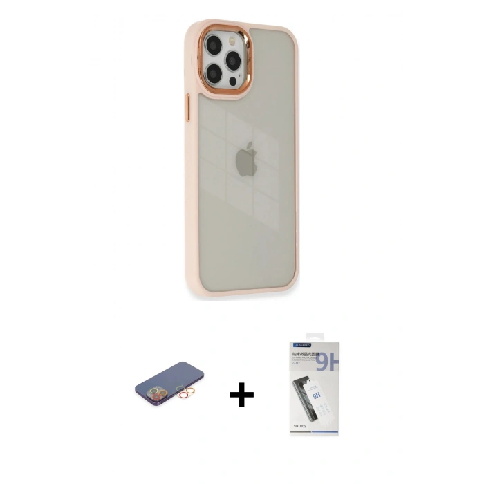 ieg™ iPhone 12 Pro Max Kılıf Eksen Doku Prime - Şeffaf Uv Polymer Nano Ekran Koruyucu + Turuncu Renkli Kamera Lens Koruma Cam