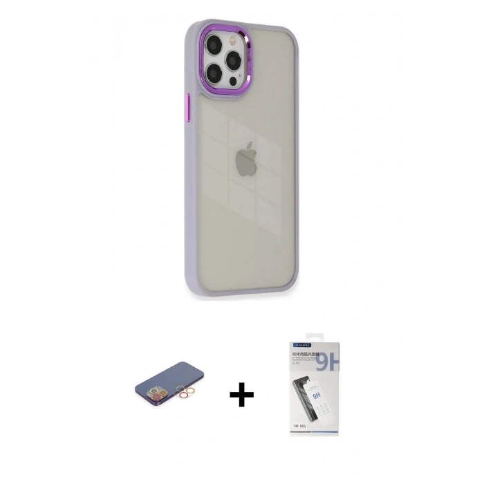 ieg™ iPhone 12 Pro Max Kılıf Eksen Doku Prime - Şeffaf Uv Polymer Nano Ekran Koruyucu + Turuncu Renkli Kamera Lens Koruma Cam