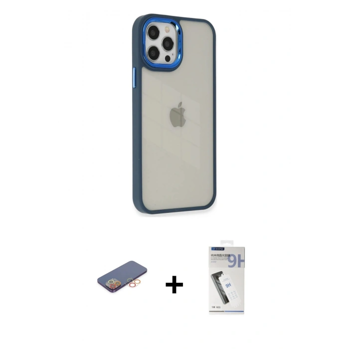 ieg™ iPhone 12 Pro Max Kılıf Eksen Doku Prime - Şeffaf Uv Polymer Nano Ekran Koruyucu + Turuncu Renkli Kamera Lens Koruma Cam
