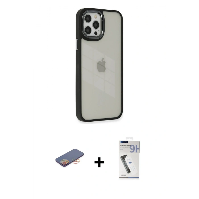 ieg™ iPhone 12 Pro Max Kılıf Eksen Doku Prime - Şeffaf Uv Polymer Nano Ekran Koruyucu + Turuncu Renkli Kamera Lens Koruma Cam