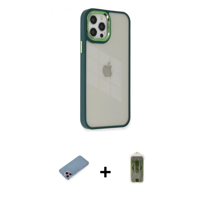 ieg™ iPhone 12 Pro Max Kılıf Eksen Doku Prime - Siyah Joko Magic 5D Hayalet Cam + Pembe Shine Kamera Lens Koruma Cam