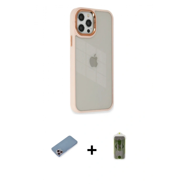 ieg™ iPhone 12 Pro Max Kılıf Eksen Doku Prime - Siyah Joko Magic 5D Hayalet Cam + Pembe Shine Kamera Lens Koruma Cam
