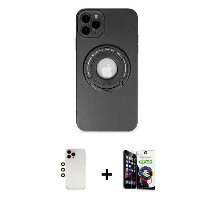 ieg™ iPhone 12 Pro Max Kılıf Eksen Klasik Prime - Şeffaf Temperli Cam Ekran Koruyucu + Gold Shine Kamera Lens