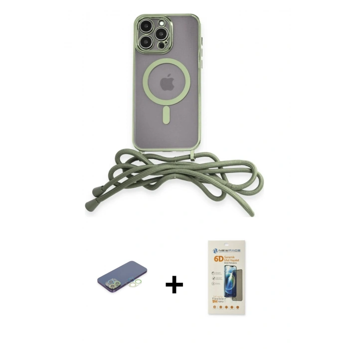 ieg™ iPhone 12 Pro Max Kılıf Eksen Özel Seri - Siyah 6D Mat Seramik Hayalet Nano Ekran Koruyucu + Yeşil Renkli Kamera Lens Koruma Cam