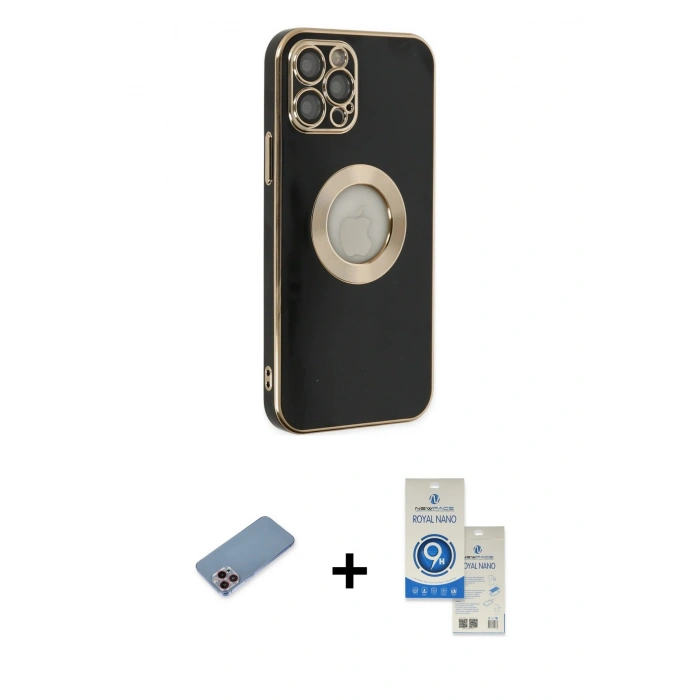 ieg™ iPhone 12 Pro Max Kılıf İz Form Serisi - Şeffaf Royal Nano Ekran Koruyucu + Pembe Shine Kamera Lens Koruma Cam