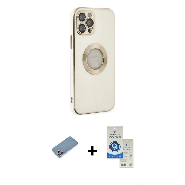 ieg™ iPhone 12 Pro Max Kılıf İz Form Serisi - Şeffaf Royal Nano Ekran Koruyucu + Pembe Shine Kamera Lens Koruma Cam