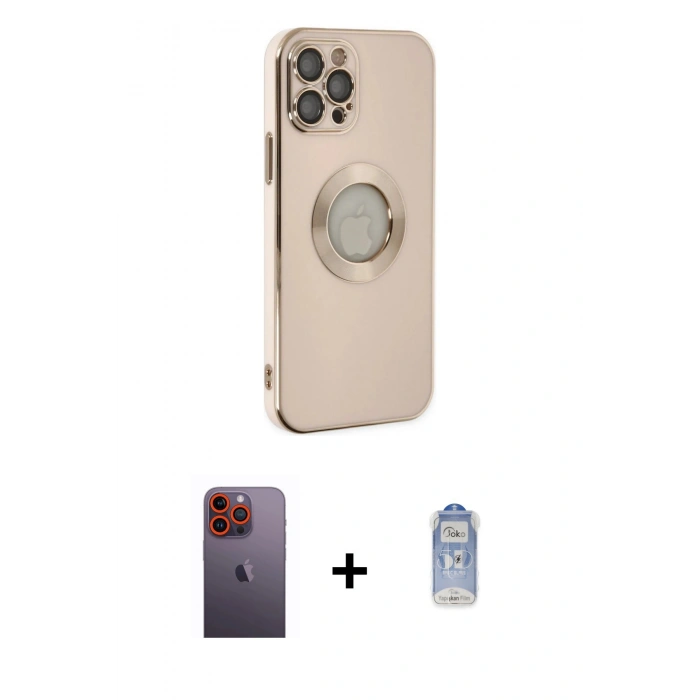 ieg™ iPhone 12 Pro Max Kılıf İz Form Serisi - Siyah Joko Magic 5D Cam + Turuncu Neon Fosforlu Kamera Lens