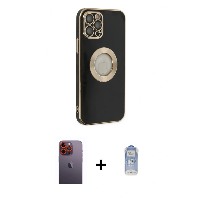 ieg™ iPhone 12 Pro Max Kılıf İz Form Serisi - Siyah Joko Magic 5D Cam + Turuncu Neon Fosforlu Kamera Lens