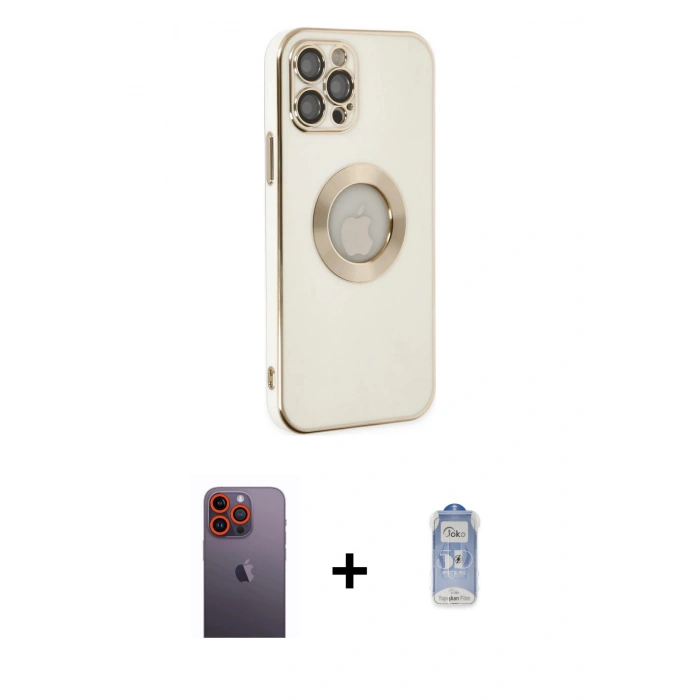 ieg™ iPhone 12 Pro Max Kılıf İz Form Serisi - Siyah Joko Magic 5D Cam + Turuncu Neon Fosforlu Kamera Lens