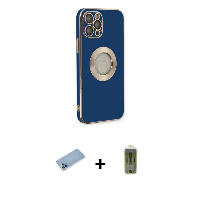 ieg™ iPhone 12 Pro Max Kılıf İz Form Serisi - Siyah Joko Magic 5D Hayalet Cam + Mavi Shine Kamera Lens Koruma Cam