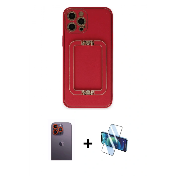 ieg™ iPhone 12 Pro Max Kılıf Kozmos Minimal Prime - Siyah 3D Antistatik Cam Ekran Koruyucu + Turuncu Neon Fosforlu Kamera Lens