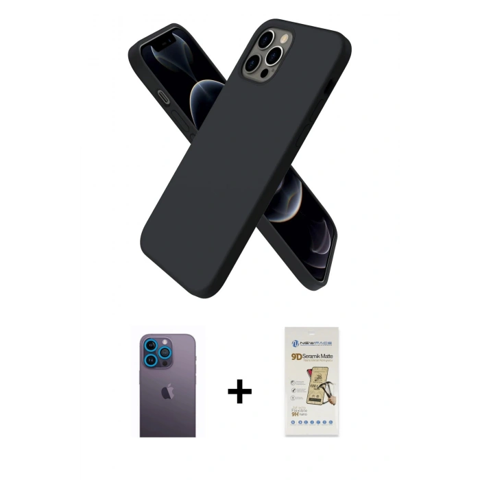 ieg™ iPhone 12 Pro Max Kılıf Kozmos Yansıma Özel Seri - Siyah Mat Seramik Nano Ekran Koruyucu + Mavi Neon Fosforlu Kamera Lens