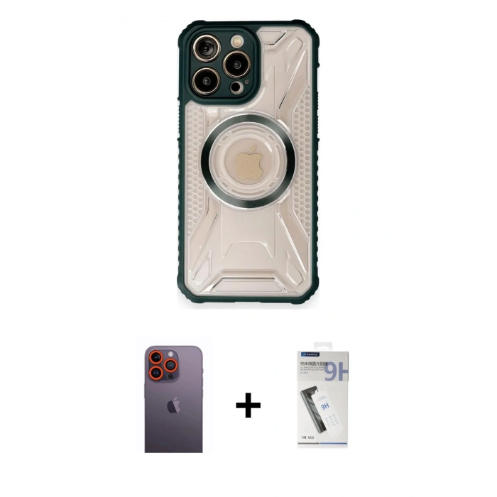 ieg™ iPhone 12 Pro Max Kılıf Kutup Modern - Şeffaf Uv Polymer Nano Ekran Koruyucu + Turuncu Neon Fosforlu Kamera Lens
