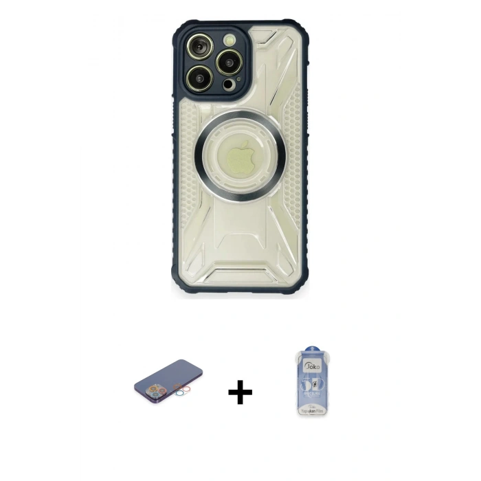 ieg™ iPhone 12 Pro Max Kılıf Kutup Modern - Siyah Joko Magic 5D Cam + Pembe Renkli Kamera Lens Koruma Cam