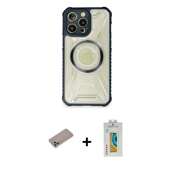 ieg™ iPhone 12 Pro Max Kılıf Kutup Modern - Siyah Polymer Nano Ekran Koruyucu + Sierra Blue Shine Kamera Lens Koruma Cam