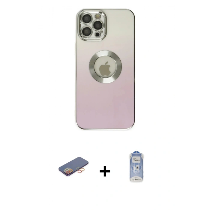 ieg™ iPhone 12 Pro Max Kılıf Kutup Yansıma Özel Seri - Siyah Joko Magic 5D Cam + Turuncu Renkli Kamera Lens Koruma Cam