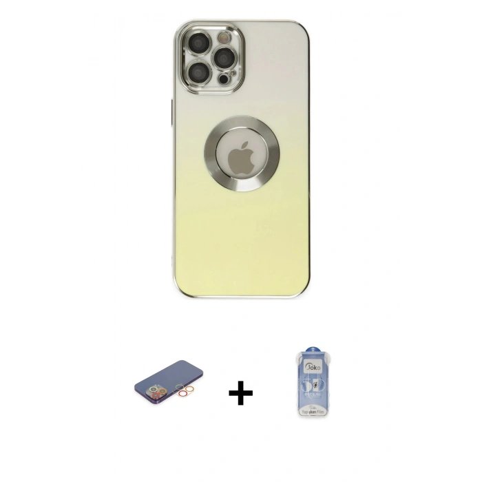 ieg™ iPhone 12 Pro Max Kılıf Kutup Yansıma Özel Seri - Siyah Joko Magic 5D Cam + Turuncu Renkli Kamera Lens Koruma Cam