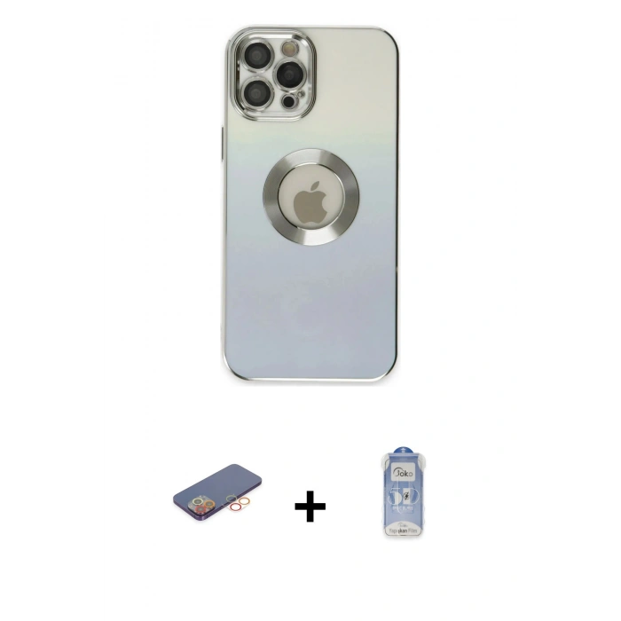 ieg™ iPhone 12 Pro Max Kılıf Kutup Yansıma Özel Seri - Siyah Joko Magic 5D Cam + Turuncu Renkli Kamera Lens Koruma Cam