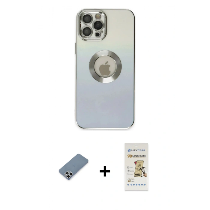 ieg™ iPhone 12 Pro Max Kılıf Kutup Yansıma Özel Seri - Siyah Mat Seramik Nano Ekran Koruyucu + Gümüş Metal Kamera Lens Koruma Cam