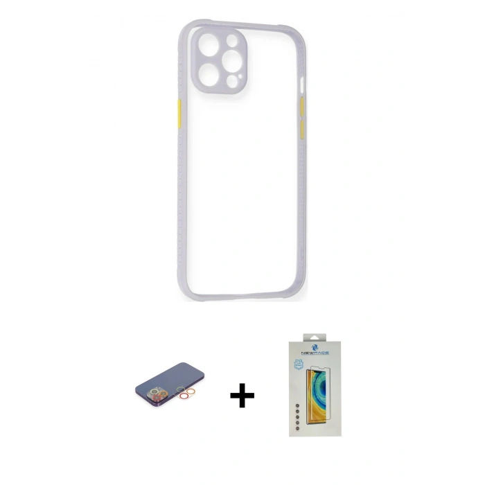 ieg™ iPhone 12 Pro Max Kılıf Nova Asil Özel Seri - Siyah Polymer Nano Ekran Koruyucu + Turuncu Renkli Kamera Lens Koruma Cam