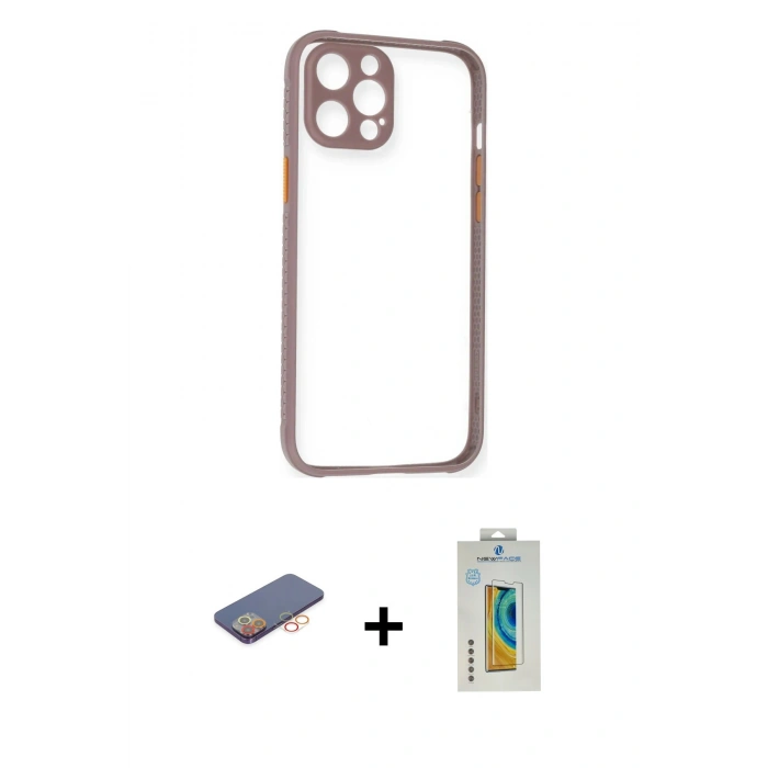 ieg™ iPhone 12 Pro Max Kılıf Nova Asil Özel Seri - Siyah Polymer Nano Ekran Koruyucu + Turuncu Renkli Kamera Lens Koruma Cam