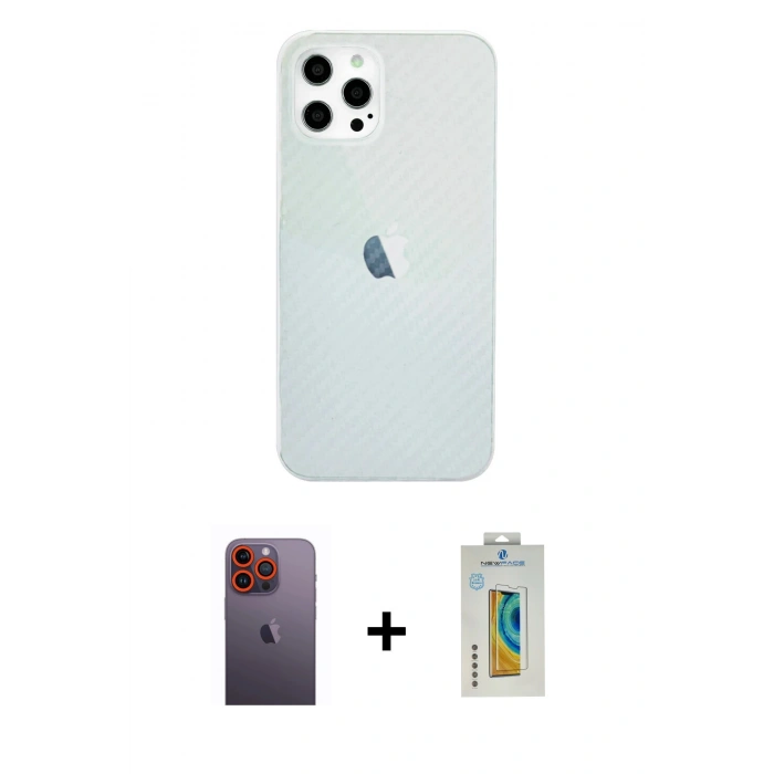 ieg™ iPhone 12 Pro Max Kılıf Nova Çizgi - Siyah Polymer Nano Ekran Koruyucu + Turuncu Neon Fosforlu Kamera Lens