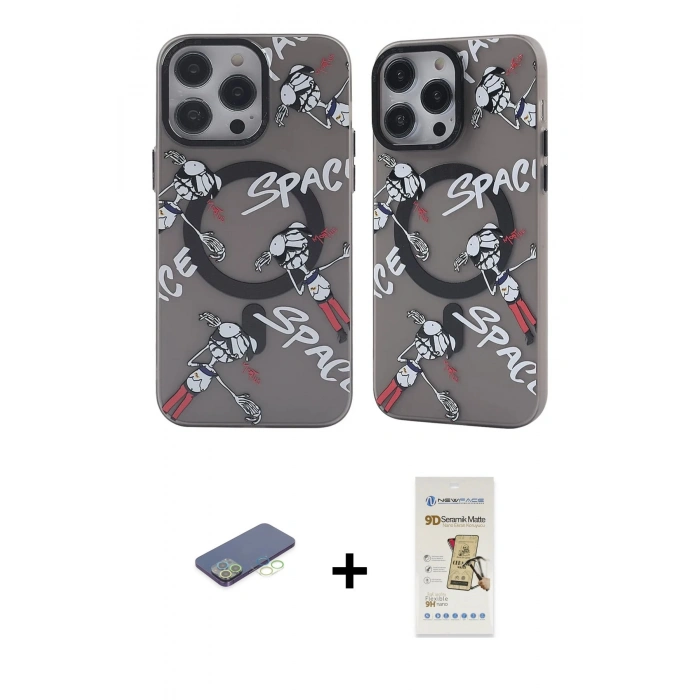 ieg™ iPhone 12 Pro Max Kılıf Nova Doku Koleksiyonu - Siyah Mat Seramik Nano Ekran Koruyucu + Yeşil Renkli Kamera Lens Koruma Cam