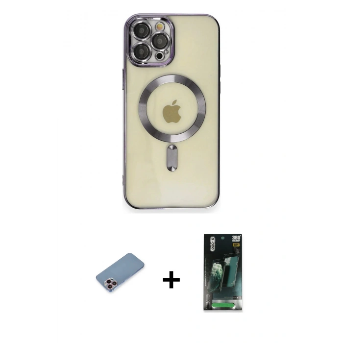 ieg™ iPhone 12 Pro Max Kılıf Nova Işık Özel Seri - Siyah 360 Mat Full Body Arka Koruyucu + Pembe Shine Kamera Lens Koruma Cam