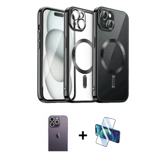 ieg™ iPhone 12 Pro Max Kılıf Nova Işık Özel Seri - Siyah 3D Antistatik Seramik Nano Ekran Koruyucu + Beyaz Neon Fosforlu Kamera Lens