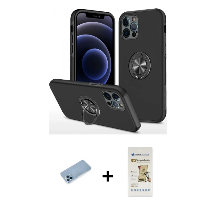ieg™ iPhone 12 Pro Max Kılıf Odak Form Prime - Siyah Mat Seramik Nano Ekran Koruyucu + Mavi Shine Kamera Lens Koruma Cam