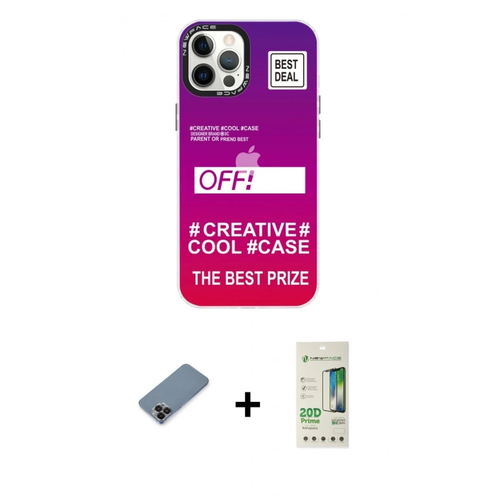 ieg™ iPhone 12 Pro Max Kılıf Siluet Çizgi Koleksiyonu - Siyah 20D Premium Cam Ekran Koruyucu + Siyah Metal Kamera Lens Koruma Cam