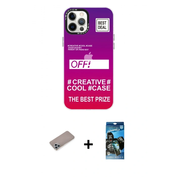 ieg™ iPhone 12 Pro Max Kılıf Siluet Çizgi Koleksiyonu - Siyah 34D Izgaralı Cam + Sierra Blue Shine Kamera Lens Koruma Cam