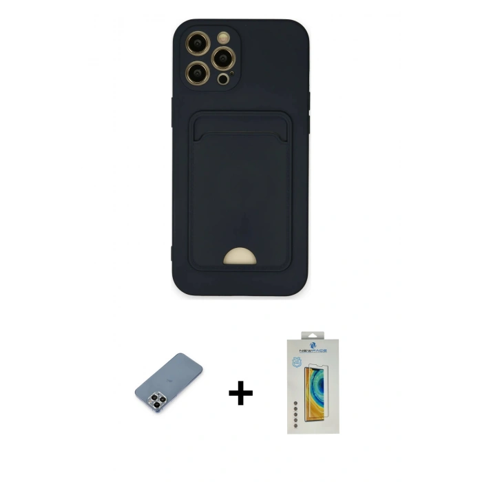 ieg™ iPhone 12 Pro Max Kılıf Vadi Çizgi Prime - Siyah Polymer Nano Ekran Koruyucu + Gümüş Metal Kamera Lens Koruma Cam