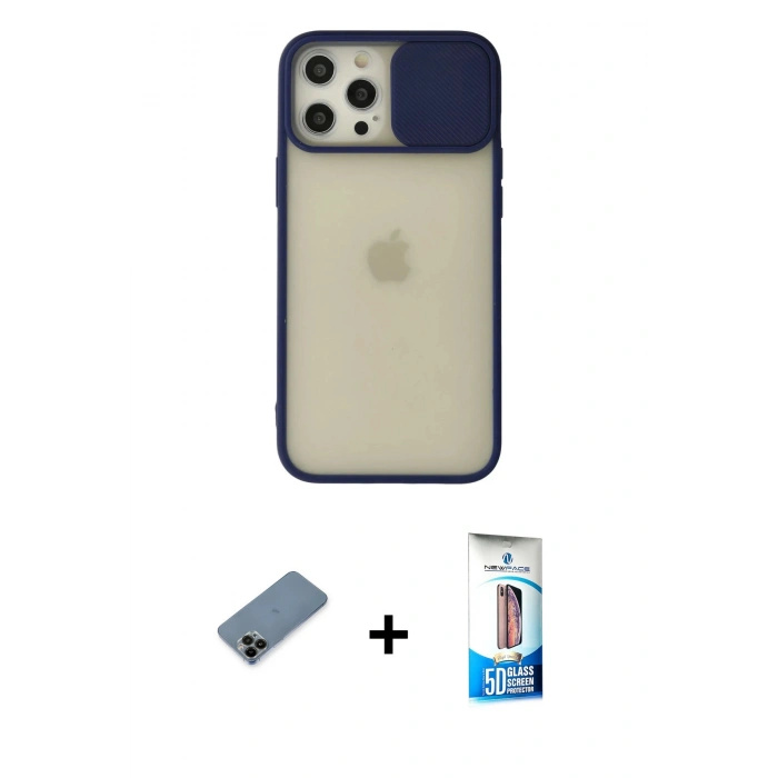 ieg™ iPhone 12 Pro Max Kılıf Vadi Çizgi - Siyah 5D Eko Cam Ekran Koruyucu + Siyah Shine Kamera Lens Koruma Cam