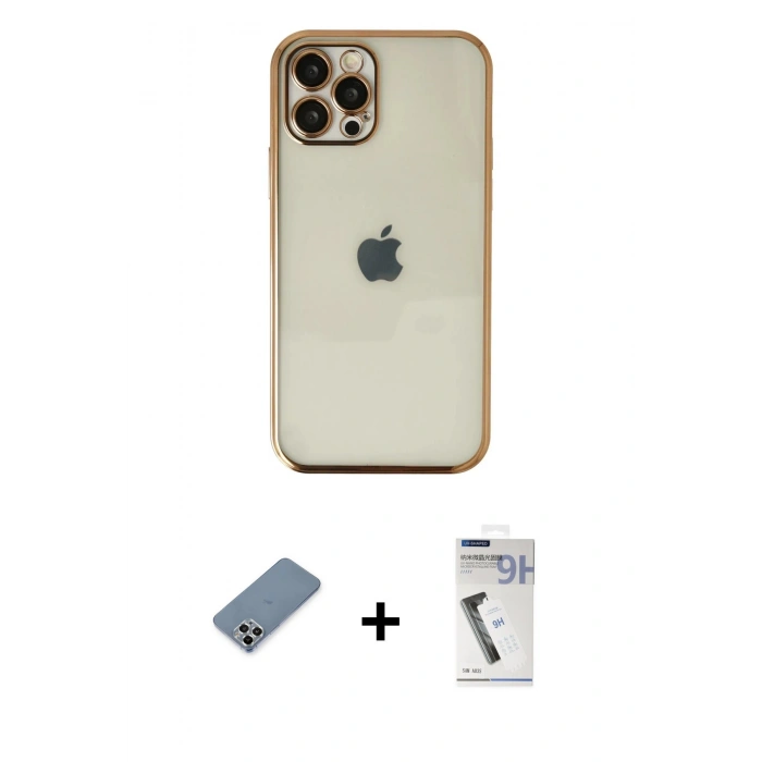ieg™ iPhone 12 Pro Max Kılıf Vadi Minimal - Şeffaf Uv Polymer Nano Ekran Koruyucu + Gümüş Metal Kamera Lens Koruma Cam