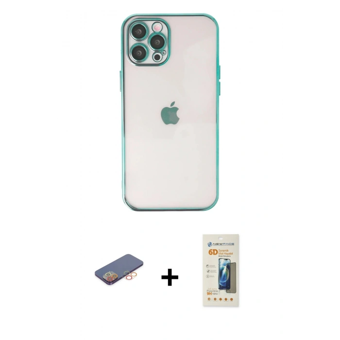 ieg™ iPhone 12 Pro Max Kılıf Vadi Minimal - Siyah 6D Mat Seramik Hayalet Nano Ekran Koruyucu + Turuncu Renkli Kamera Lens Koruma Cam