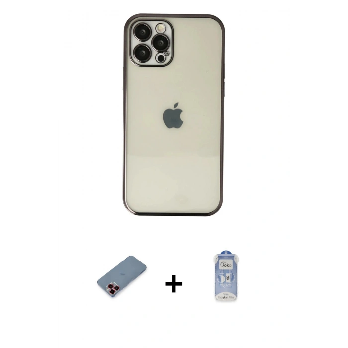 ieg™ iPhone 12 Pro Max Kılıf Vadi Minimal - Siyah Joko Magic 5D Cam + Kırmızı Metal Kamera Lens Koruma Cam