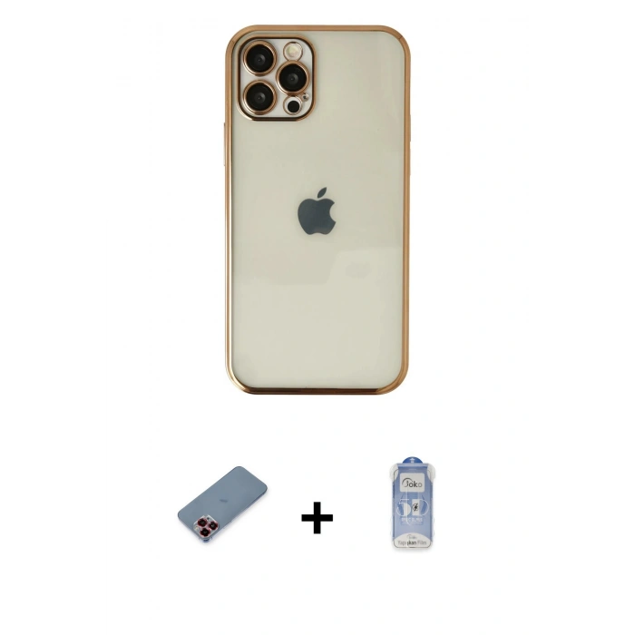 ieg™ iPhone 12 Pro Max Kılıf Vadi Minimal - Siyah Joko Magic 5D Cam + Kırmızı Metal Kamera Lens Koruma Cam